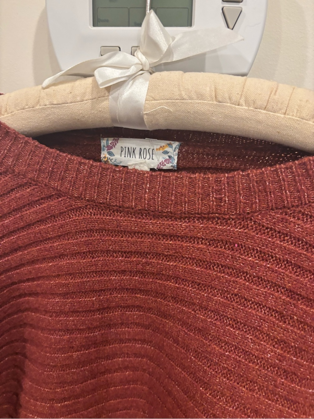 Pink Rose Ribbed Cropped Crewneck Sweater in Rust - Picture 2 of 8
